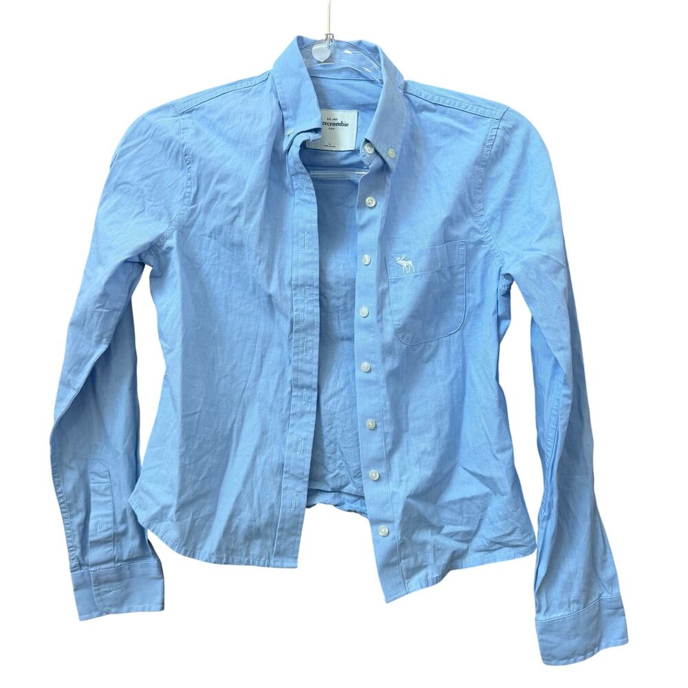 Abercrombie Kids Girls Light Blue Button Down Blouse Sz Large Casual Moose Logo